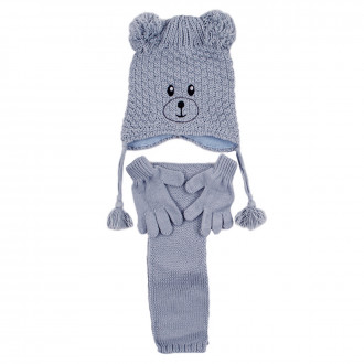 Комплект шал, шапка и ръкавички "Мече" в синьо