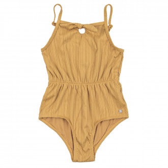 Цял бански с набран ефект в цвят охра