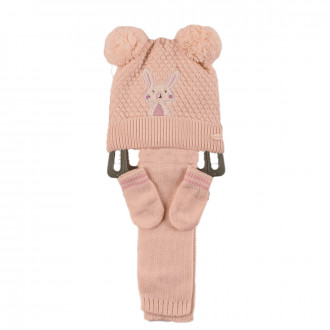 Комплект шал, шапка и ръкавички за момичета със зайче в розово