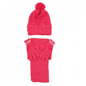 Комплект шал, шапка и ръкавички за момичета в руж