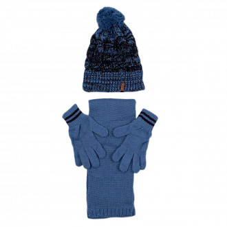 Комплект шал, шапка и ръкавички в пастелно синьо и черно