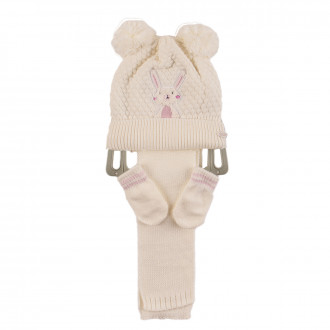 Комплект шал, шапка и ръкавички за момичета със зайче в екрю