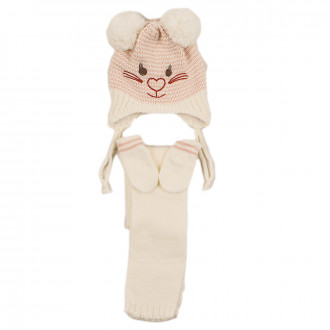 Комплект шал, шапка и ръкавички за момичета в екрю и розово