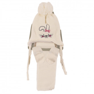 Комплект шал, шапка и ръкавички за момичета със зайче в бяло