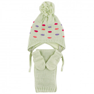 Комплект шал, шапка и ръкавички за момичета с цветни точки в зелено