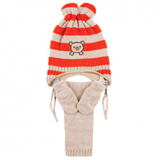 Комплект шал, шапка и ръкавички за момчета с оранжево райе (0 - 18 мес.)