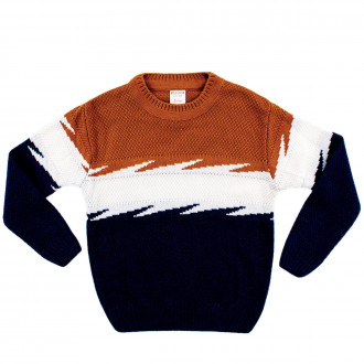 Пуловер в горчица, бяло и тъмносиньо