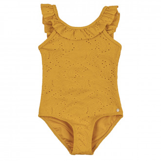 Цял бански с рязана бродерия в цвят охра