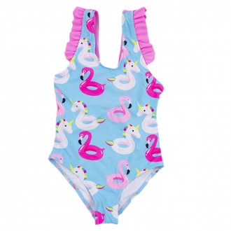 Детски цял бански с къдрички "Фламинго" в синьо