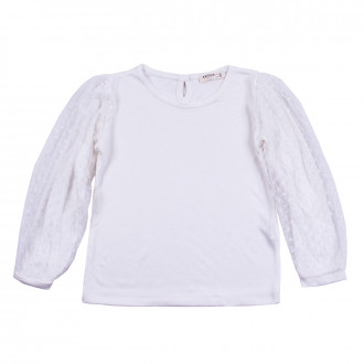 Детска блуза с тюл на ръкавите в екрю