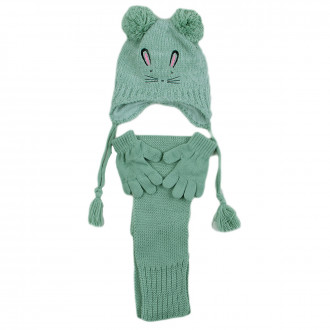 Комплект шал, шапка и ръкавички за момичета с зайче в зелено