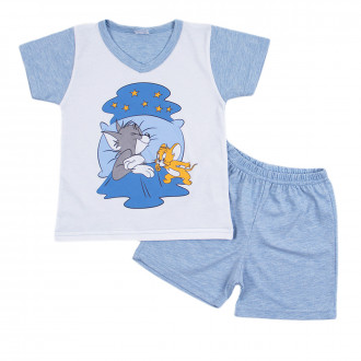 Лятна пижама с анимационен герой в меланжирано синьо