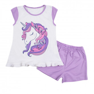 Лятна пижама с анимационен герой в бяло и лилаво