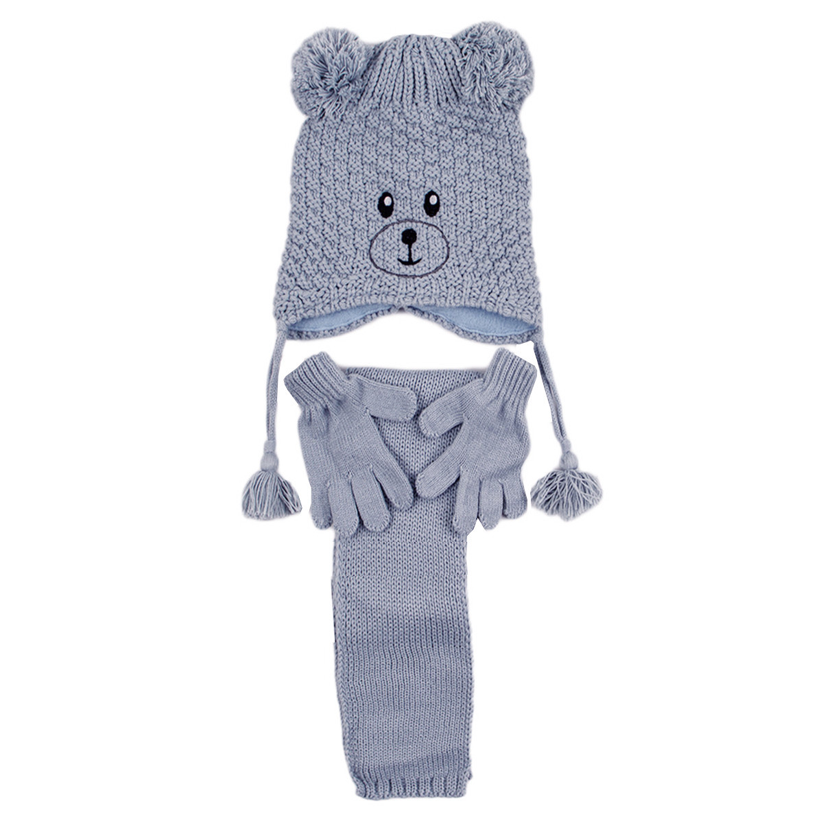 Комплект шал, шапка и ръкавички "Мече" в синьо