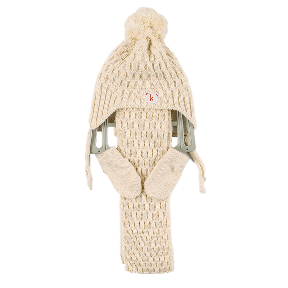 Комплект шал, шапка и ръкавички цвят шампанско