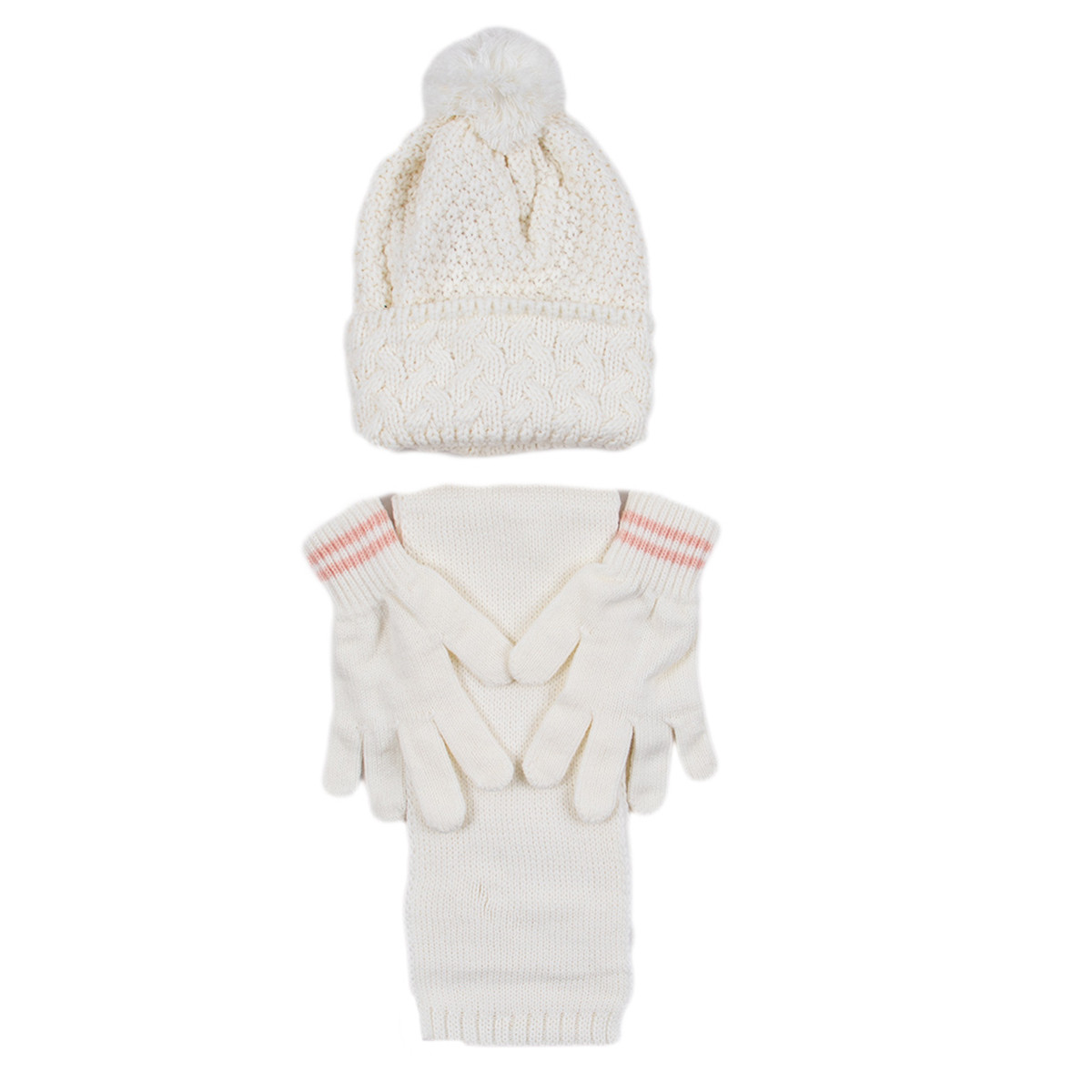 Комплект шал, шапка и ръкавички за момичета в цвят крем