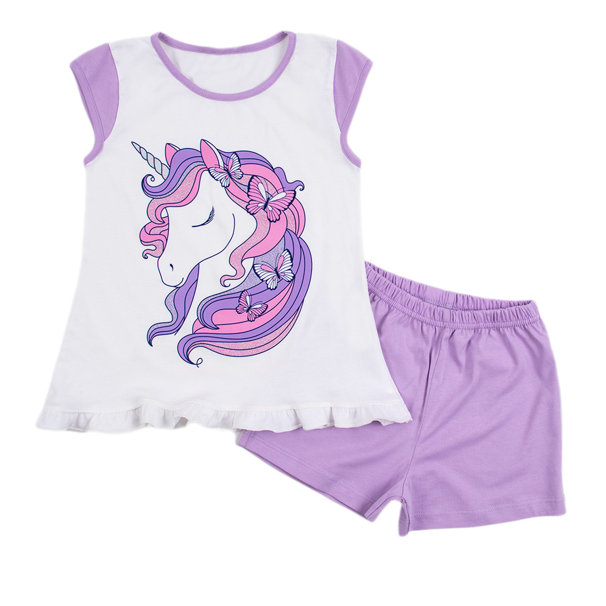 Лятна пижама с анимационен герой в бяло и лилаво