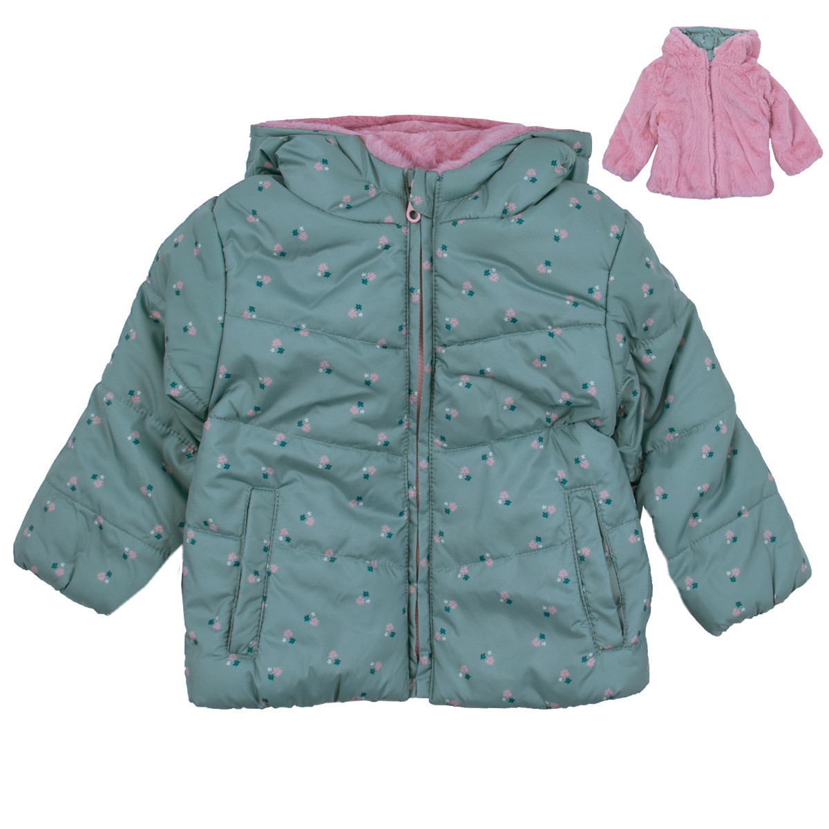 Бебешко двулицево зимно яке в зелено и розово